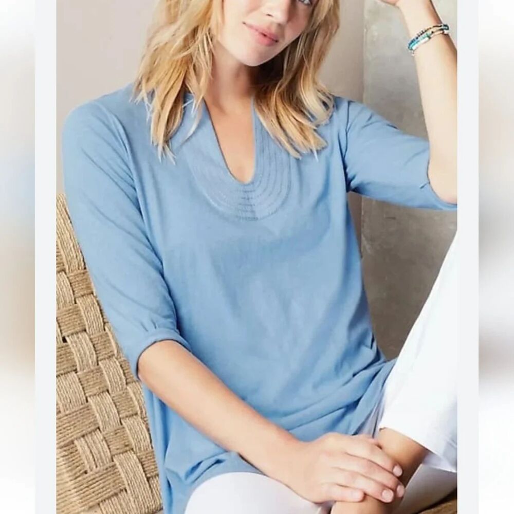 J. Jill Pure Jill Trapunto Tunic Top Coastal Linen Cotton Blend Summer Beachy L